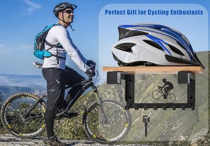 Bike Rack Wall Mount with Shelf and 8 Hooks Offer Horizontal Indoor Bike Storage for Sheds Garages. Wooden Bike Rack Bracket for Road, Mountain, Travel Bicycles, Maximizing Space