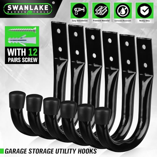 Heavy Duty Garage Storage Hooks, 6-piece Bike Hooks for Garage Wall, Utility Garage Hooks, Wall Mount J Hook for Hanging, Large Metal Storage Organizer Tool, Extension Cord Hanger - style: 6-Piece Black