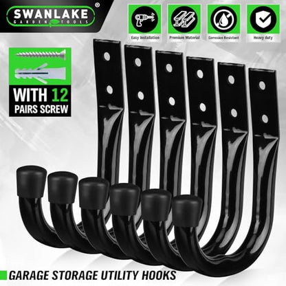Heavy Duty Garage Storage Hooks, 6-piece Bike Hooks for Garage Wall, Utility Garage Hooks, Wall Mount J Hook for Hanging, Large Metal Storage Organizer Tool, Extension Cord Hanger - style: 6-Piece Black