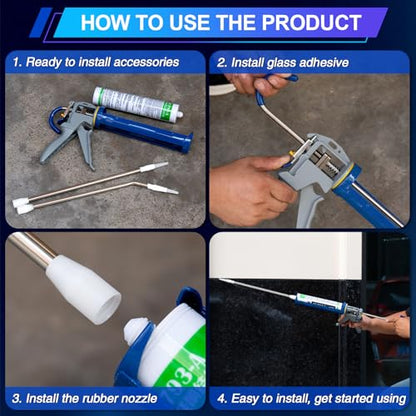 Four Glass Glue nozzles, two Straight and two Curved,long sausage glue nozzles,stainless steel material,caulking nozzle extension,Sealing for special places