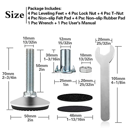 4 Set M10 Adjustable Leveling Feet, Heavy Duty Height Adjuster Furniture Leveler Foot With T Nut, Screw On Cabinet Restaurant Table Chair Self Levelers Leg (2 Base Dia & Thread Length, Silver) - style: Silver Stable Leg Levelers
