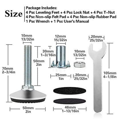 4 Set M10 Adjustable Leveling Feet, Heavy Duty Height Adjuster Furniture Leveler Foot With T Nut, Screw On Cabinet Restaurant Table Chair Self Levelers Leg (2 Base Dia & Thread Length, Silver) - style: Silver Stable Leg Levelers