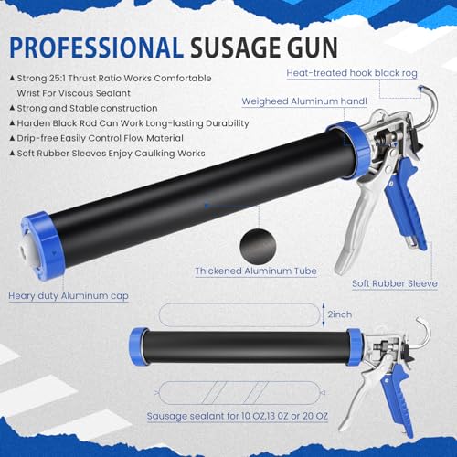 Lasnten Sausage Caulk Gun Kit 600ml/20oz Heavy Duty Silicone Sausage Gun Thrust Ratio 25: 1no-drip Rotating Aluminum Tube Body and Caulking Tools, Sealant Grout Scraper for Kitchen Bathroom Sink Joint