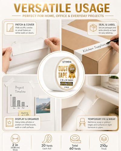 White Duct Tape Heavy Duty: 3Rolls*2IN*20Yards Wide Waterproof Outdoor Duck Furniture Repair Tape Bulk - Strong Adhesive Weather UV Resistant No-Residue Masking Tapes Patterns Variety - color: White, size: 3*2in*20yards