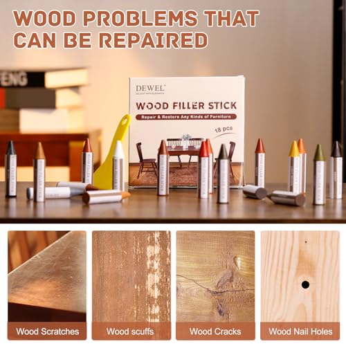 DEWEL Wood Filler Sticks, 18 Colors Wood Crayons for Scratches, Wood Floor Repair Wax Filler Sticks, Furniture Scratch Repair Crayons Kit for Wood Holes, Scratches, Table