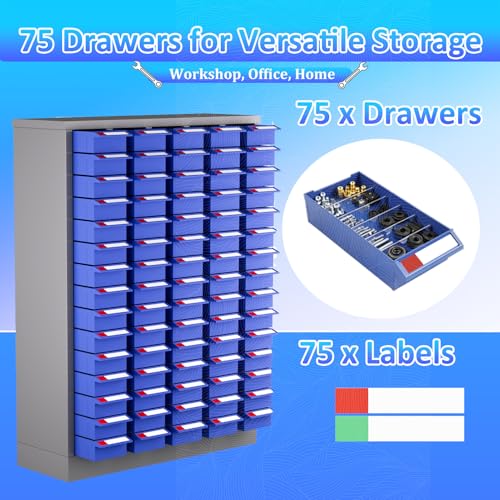 Parts Cabinet 75 Drawers Steel Hardware Organizer with Adjustable Dividers and Labels, Wall Mount Tool Storage Cabinet for Nuts Bolts Screws Washers, Garage Workshop
