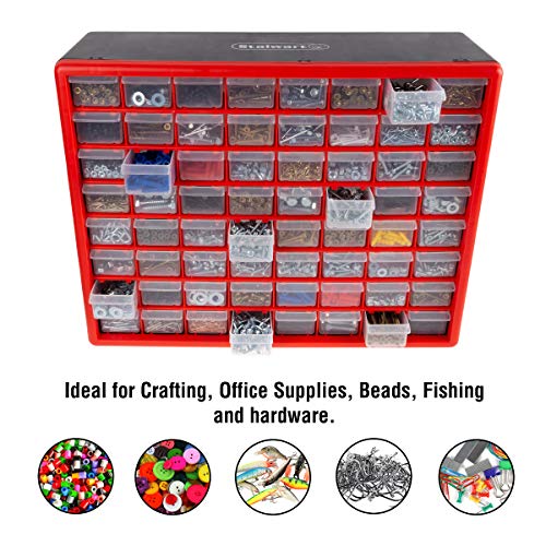 64-Drawer Storage Organizer - Plastic Drawers for Organization - Desktop or Wall-Mounted Container for Hardware, Tools, and Beads by Stalwart (Red) - style: 64 Drawers