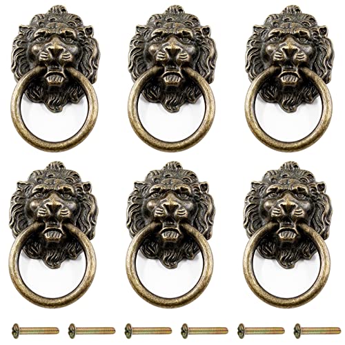 Zorfeter 6 Pcs Lion Head Knobs Pull, Antique Bronze Ring Pull Handles for Dresser Drawers Cupboard Closet Jewelry Box, with Screws - color: Lion Head Knobs