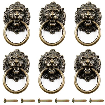 Zorfeter 6 Pcs Lion Head Knobs Pull, Antique Bronze Ring Pull Handles for Dresser Drawers Cupboard Closet Jewelry Box, with Screws - color: Lion Head Knobs