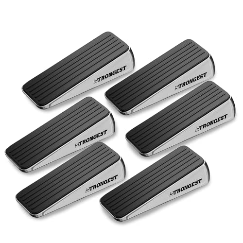 Strongest Home Heavy Duty Door Stopper Wedge (6 Chrome PCs) | Non-Slip Rubber and Metal Door Stop for Heavy Doors| Work on Wood, Tile, Carpet + 6 White Wall Protectors - color: Black Silver, size: 6 Pack