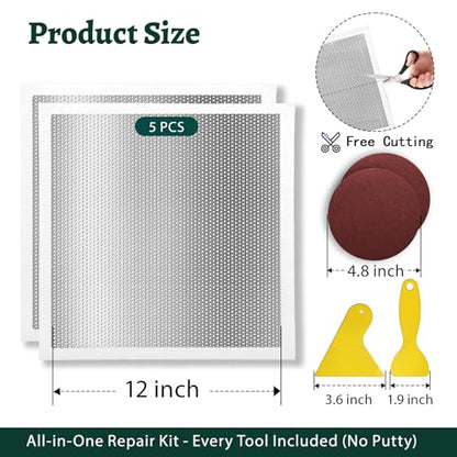 Drywall Repair Kit 12 x 12 Inch Drywall Patch Kit Large Hole (5Pcs) Wall Patch Repair Kit for Ceiling Large Holes Heavy Duty Extended Self-Adhesive Mesh Dry Wall Patches Kits with Scraper Sandpaper