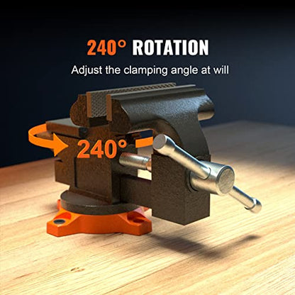 VEVOR Bench Vise, 4.5-inch Jaw Width 3.3-inch Jaw Opening, 240-Degree Swivel Locking Base Multipurpose Vise w/Anvil, Heavy Duty Cast Iron Workbench Vise w/Bolts & Nuts, for Drilling, Pipe Cutting - size: 4.5 Inch