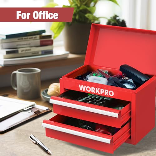 WORKPRO Mini Metal Tool Box with 2 Drawers and Top Storage, Small Tool Chest with PVC Liners and PP Feet Pads, Cold Rolled Steel Toolbox with Magnetic Tab - color: Red