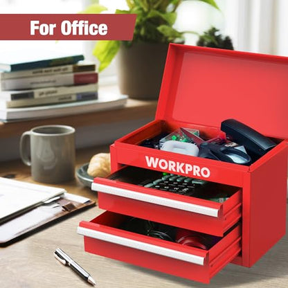 WORKPRO Mini Metal Tool Box with 2 Drawers and Top Storage, Small Tool Chest with PVC Liners and PP Feet Pads, Cold Rolled Steel Toolbox with Magnetic Tab - color: Red