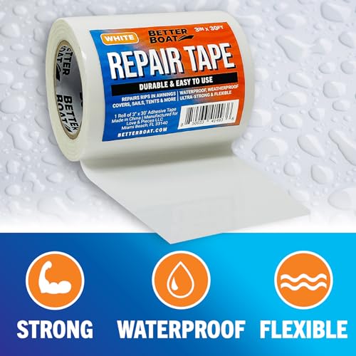 Better Boat Repair Tape for Fabric and Vinyl 30ft x 3in, White Waterproof Patch Tape for RV Awning Canvas Tent Tarp Sail Canopy Boat Cover, Heavy Duty - color: White