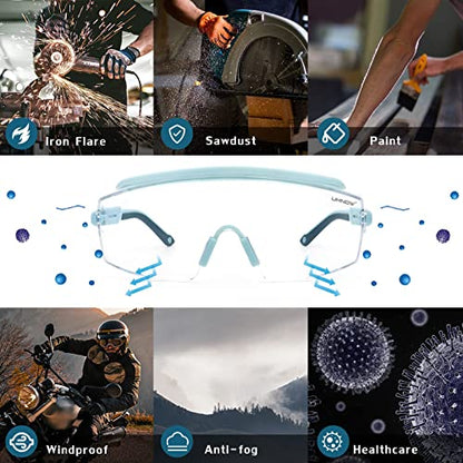 UKNOW Safety Goggles Over Glasses, Safety Glasses Anti Fog Wraparound Eye Protection, Protective Eyewear ANSI Z87.1 - color: Baby Blue
