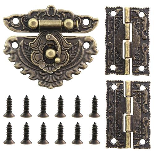 Antique Engraved Latch Hinge Metal Embossed Decorative Brass Latch 1.4x0.9in with Matching Screws Vintage Wooden Chest Drawer Cabinet Hinge Hardware Kit for Jewelry Wine Boxes