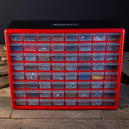 64-Drawer Storage Organizer - Plastic Drawers for Organization - Desktop or Wall-Mounted Container for Hardware, Tools, and Beads by Stalwart (Red) - style: 64 Drawers