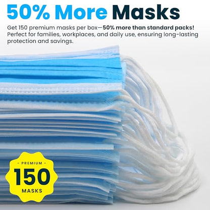PURE GEM [Pack of 150] Single Use Disposable Blue Face Mask, Soft on Skin, 3-ply Masks Facial Cover with Elastic Earloops Great For Home, Office, School, and Outdoors - color: 150 Masks