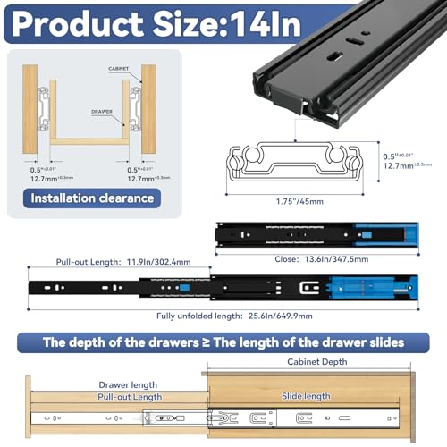 ToBeGreat Push to Open Soft Close Drawer Slides 14 Inch Side Mount Dresser Runner Black,2/3 Full Extension Ball Bearing 100 LB Kitchen Nightstand Glides Rails 1 Pair - color: Black(Push to Open & Soft Close)-1 pair, size: 14 Inch