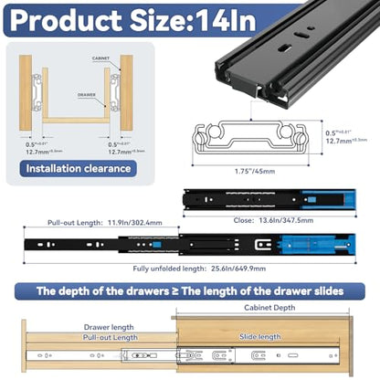 ToBeGreat Push to Open Soft Close Drawer Slides 14 Inch Side Mount Dresser Runner Black,2/3 Full Extension Ball Bearing 100 LB Kitchen Nightstand Glides Rails 1 Pair - color: Black(Push to Open & Soft Close)-1 pair, size: 14 Inch