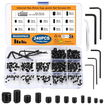 240 Pcs Allen Head Screws, Hex Socket Head Screws, Grub Screw Set, M3/M4/M5/M6/M8 Metric Stainless Steel Internal Hex Drive Cup-Point Screw Assortment Kit for Door Handles, Light Fixture(Black) - size: 12Size（240pcs Alloy Steel）
