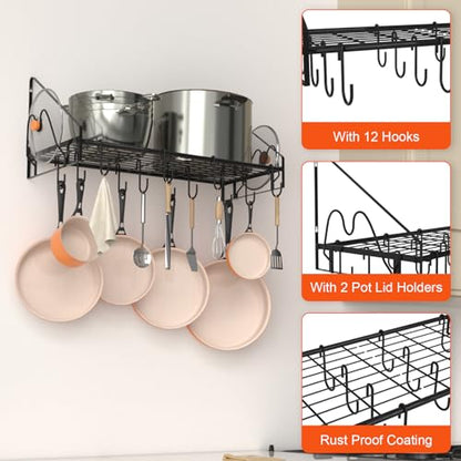 VyGrow 28 Inch Pot Rack Wall Mounted, Pots and Pans Organizer with 12 Hooks and 2 Pot Lid Holders, Heavy Duty Steel Pot and Pan Hanger for Kitchen Cookware Utensils Storage 34.7" Lx13 Wx12.6 H - color: 28"W 1 Tier Black
