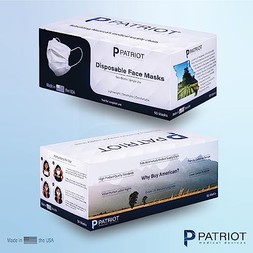Patriot Medical Devices Disposable Face Mask | Made in the USA Soft, Hypoallergenic, Hydrophobic Material | 50 Count