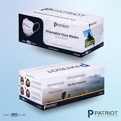 Patriot Medical Devices Disposable Face Mask | Made in the USA Soft, Hypoallergenic, Hydrophobic Material | 50 Count
