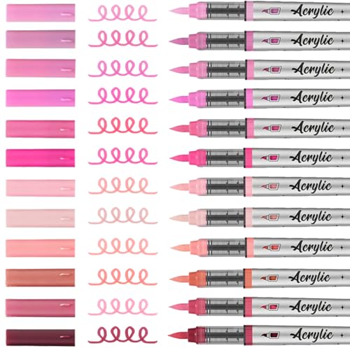 Mifuner Acrylic Paint Pens Set,12Colors Soft Brush Tip Acrylic Paint Markers, Direct-Liquid Ink System,Colored Marker Pen for Rocks,Wood,Ceramic,Canvas, Eggs DIY Painting Art Supplies.Pink - color: 12pcs-Pink