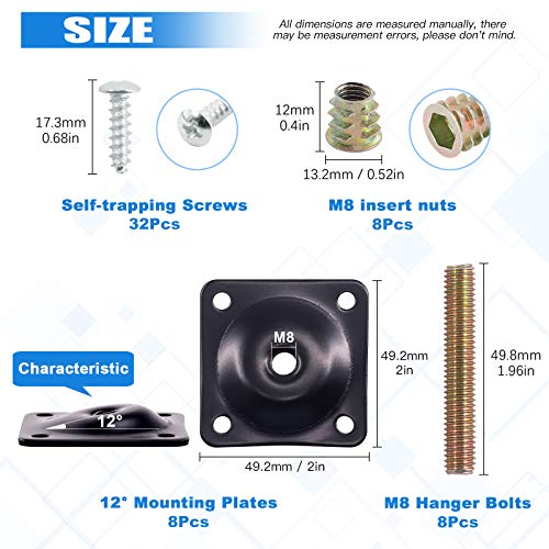 Glarks 8 Sets Black Furniture Leg Mounting Plates Set, 8Pcs 12 Degree Leg Attachment Plates with 40pcs 5/16" Hanger Bolts Screws for Furniture Sofa Couches Seats (12 Degree)