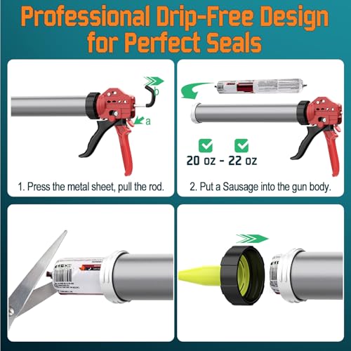 20 oz Sausage Caulk Gun, One-Touch Drip-Free | Effortless & Professional Design with Heavy-Duty Metal Body, 18:1 Thrust Ratio | for 20 oz Sausage Packs - color: 4- Mixpro Orange