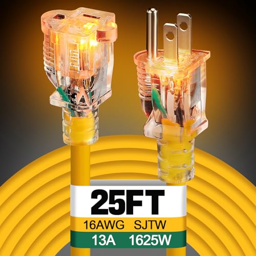 Lighted End Outdoor Extension Cord Waterproof -16AWG, 3 Prong, 13A, 1625W, Flexible Yellow Power Extension Cord for Outsides, 25ft - color: Yellow, size: 25ft