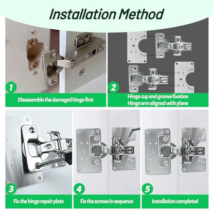 2 Pcs Cabinet Door Hinges, Cabinet Hinge Repair Plate Kit Fix Loose Sagging Cabinet Doors,Hinge Repair Plates for All Home Cabinets,Door Repair Kit Include(4 Repair Panels+2 Hinges+26 Screws) (1)