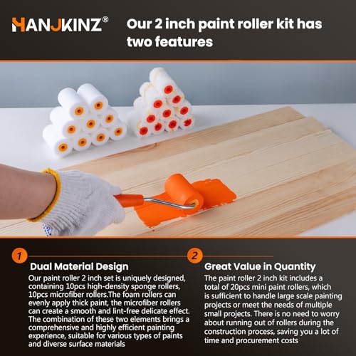 2 inch Paint Roller Kit, 20 Pack Small Paint Roller Set with High Density Foam Paint Roller and 3/8" Nap Microfiber Covers, Touch Up Mini Paint Rollers for Wall, Door, Cabinet, Craft - size: 20 pcs 2" Microfiber and Foam Roller Cover