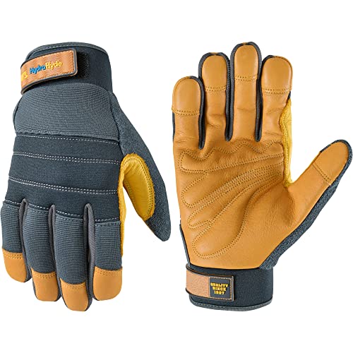 Wells Lamont Men's HydraHyde Work Gloves – Cowhide Leather, Reinforced Fingertips for Durability – Adjustable Velcro Wrist – Ideal for Gardening, Landscaping, Lawn Care – Navy - M - size: Medium