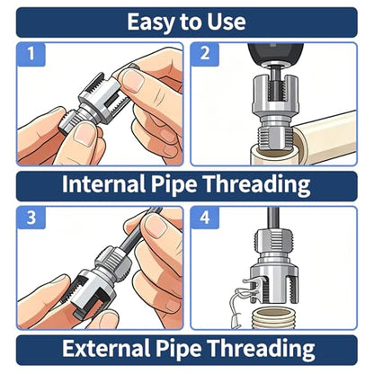 Pipe Threading Tool Set for 1/2", 3/4", 1" PVC & Plastic Pipes, Dual-Function Internal & External Thread Maker & Repair Kit, with Gloves & 4 Seal Tapes