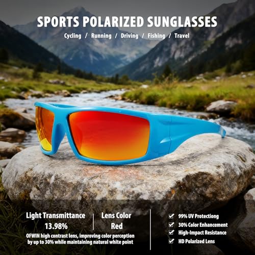 Polarized Sports Sunglasses for Men Women Unbreakable Frame Cycling Fishing Wrap Around Sunglasses UV400 Protection - color: 1-blue/Red Mirror Lens