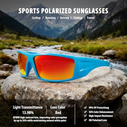 Polarized Sports Sunglasses for Men Women Unbreakable Frame Cycling Fishing Wrap Around Sunglasses UV400 Protection - color: 1-blue/Red Mirror Lens