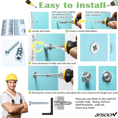 Zinc Self-Drilling Drywall Anchors with Screws Kit, 25 Heavy Duty Metal Wall Anchors and 25#8 x 1-1/4'' Screws - 50 Pieces All Together