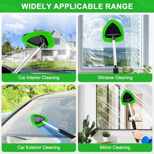 JUSTTOP Windshield Cleaner Tool, Car Interior&Exterior Window Cleaning Tool with Extendable Handle & 4 Reusable Microfiber Pads, Auto Glass Wiper Brush Kit for Cars (Green) - color: Green
