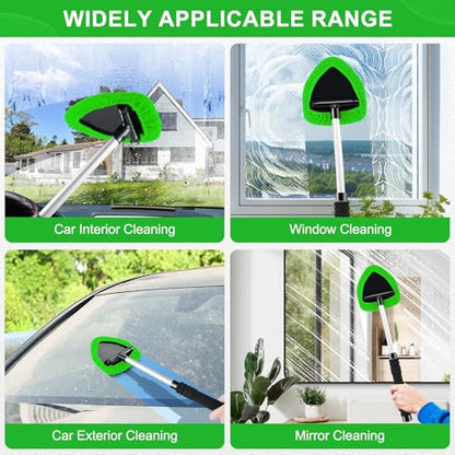 JUSTTOP Windshield Cleaner Tool, Car Interior&Exterior Window Cleaning Tool with Extendable Handle & 4 Reusable Microfiber Pads, Auto Glass Wiper Brush Kit for Cars (Green) - color: Green