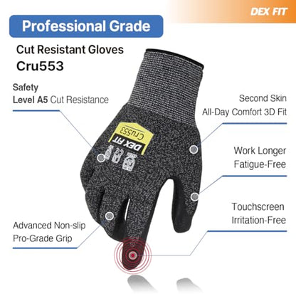 DEX FIT Level 5 Extreme Cut Resistant Gloves Cru553 Thin, Non-Slip Power Grip, Professional Grade 3D Comfort Fit, Thin & Lightweight, Breathable, Touchscreen Compatible, Itch-Free; Grey M (8) - color: Grey, size: Medium(1 Pair)