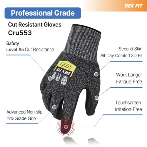 DEX FIT Level 5 Extreme Cut Resistant Gloves Cru553 Thin, Non-Slip Power Grip, Professional Grade 3D Comfort Fit, Thin & Lightweight, Breathable, Touchscreen Compatible, Itch-Free; Grey XS (6) - color: Grey, size: X-Small(1 Pair)
