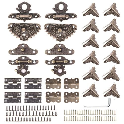 134 Pcs Jewelry Box Hardware Kit – Antique Bronze Hasp Catch (4), Metal Hinges (8), Corner Protectors (12) with 110 Screws, Screwdriver & Case for Vintage Storage Box, Chest, Cabinet – Retro Engraved - color: 134PCS