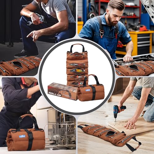 LETINE Crest Canvas Tool Roll Bag - Portable 6-Pocket EDC Roll up Tool Bag with Premium Rust-Proof Zippers, Reinforced Stitching - Compact Tool Organizer Gift for Dads, Mechanics, Electricians (Brown)