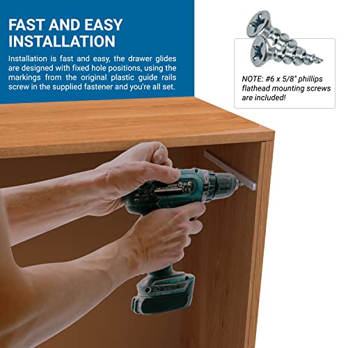 5 Pairs of Rok Hardware Side Mounted 11-1/4" (285.5mm) Screw-On, Plastic Drawer Rails/Guide Rails with 3/4" Extension, for Drawers with 21/32" (17mm) Groove, White Finish, D10751034