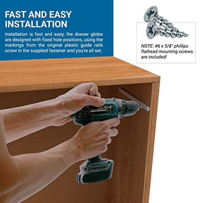 5 Pairs of Rok Hardware Side Mounted 11-1/4" (285.5mm) Screw-On, Plastic Drawer Rails/Guide Rails with 3/4" Extension, for Drawers with 21/32" (17mm) Groove, White Finish, D10751034