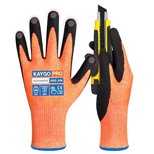 KAYGO Cut Resistant Gloves Micro Finishing Nitrile Coated,Safety Work Gloves with Firm Grip,ANSI Cut A6,KG28N,Ideal for Construction,Warehouse,Wood Carving,Glass Handling - color: Orange Ansi A6, size: Medium