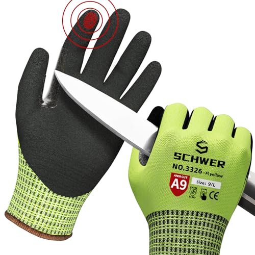 Schwer ProGuard Highest Level Cut Resistant Work Gloves PR3326 for Extreme Protection, ANSI A9 Working Gloves with Sandy Nitrile Coated, Touch-screen, Durable, Washable, Yellow 1 Pair L - color: Yellow, size: Large